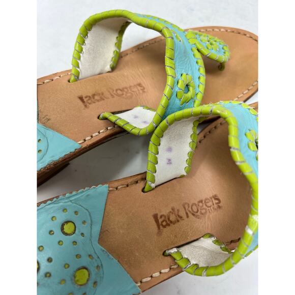Jack Rogers Blue and Green Heeled Whip Stitch Leather Sandals 9 - Picture 8 of 9